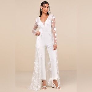 LULU’S IMMACULATE FAVORITE MESH EMBROIDERED CAPE JUMPSUIT